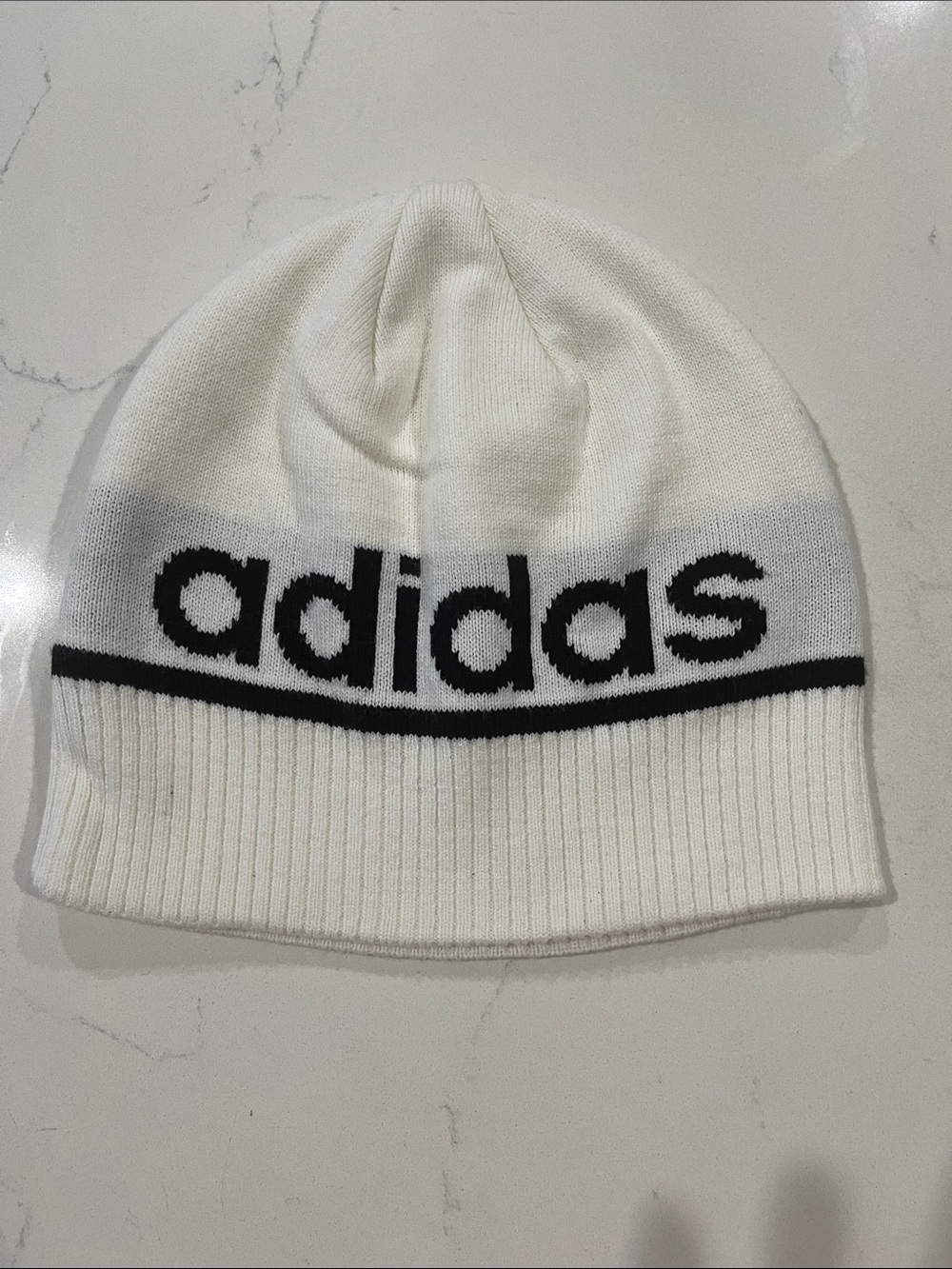 NWOT Adidas White Beanie with Black Logo Stripe - Picture 1 of 5